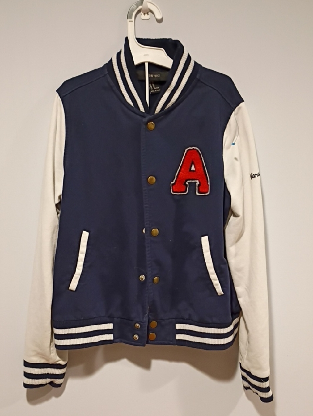 Forever 21 Navy and White Kids Varsity Jacket with Red 'A' Patch